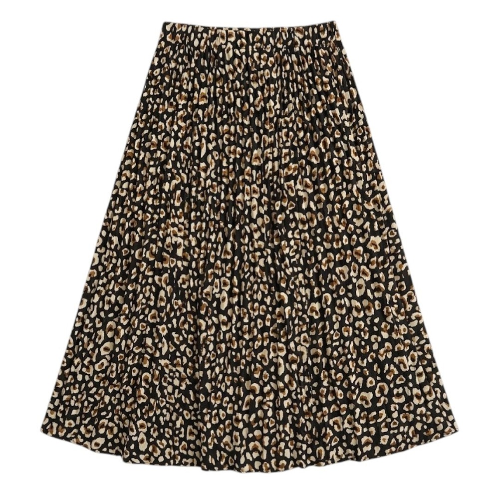 Leopard Print Pleated Midi Skirt Elastic Waist Animal Print large